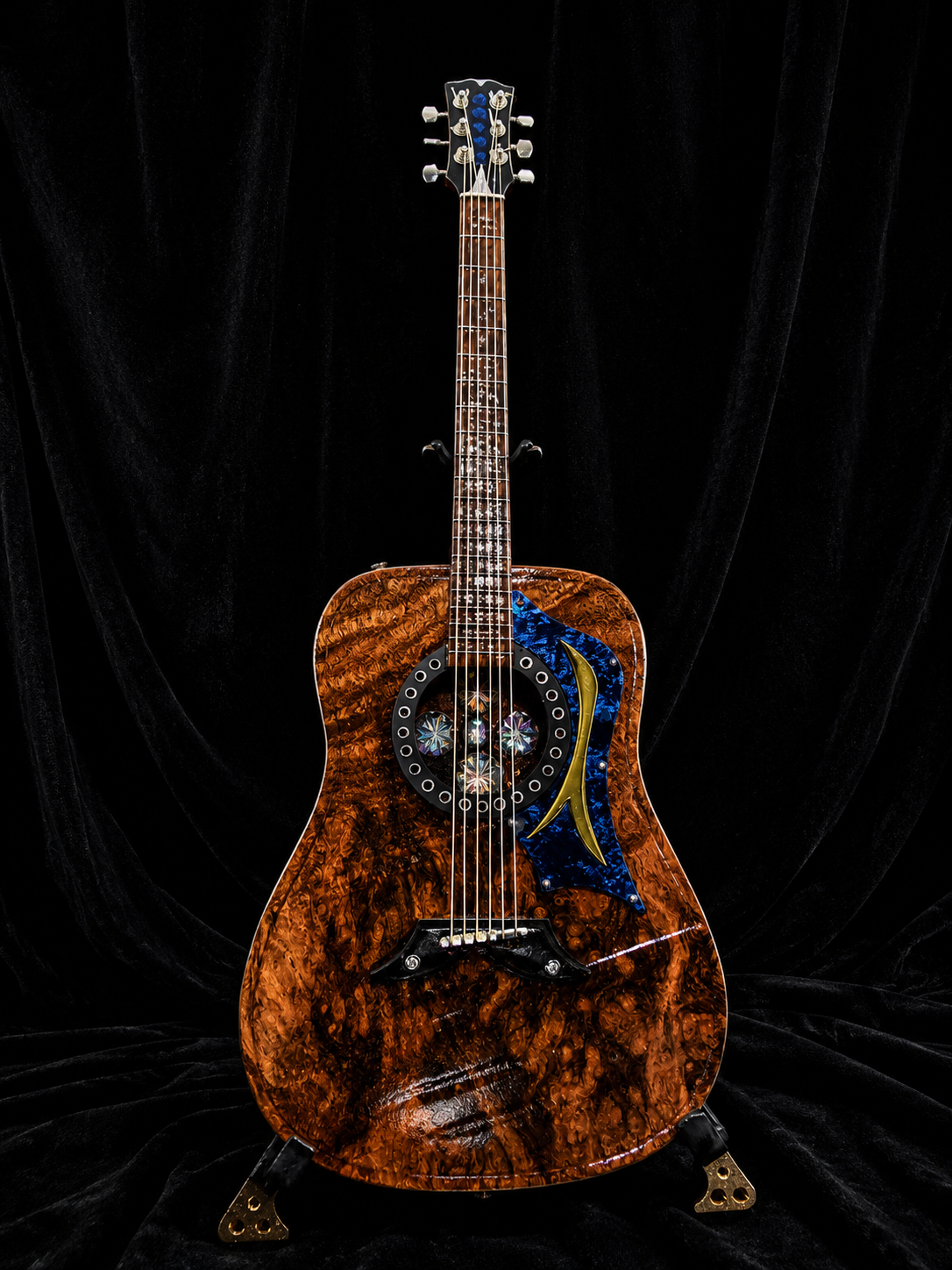 Handcrafted one-of-one GMG original acoustic guitar in highly figured burl hardwood with blue abalone inlays and hand-pierced brass accents by Rob Gwynne
