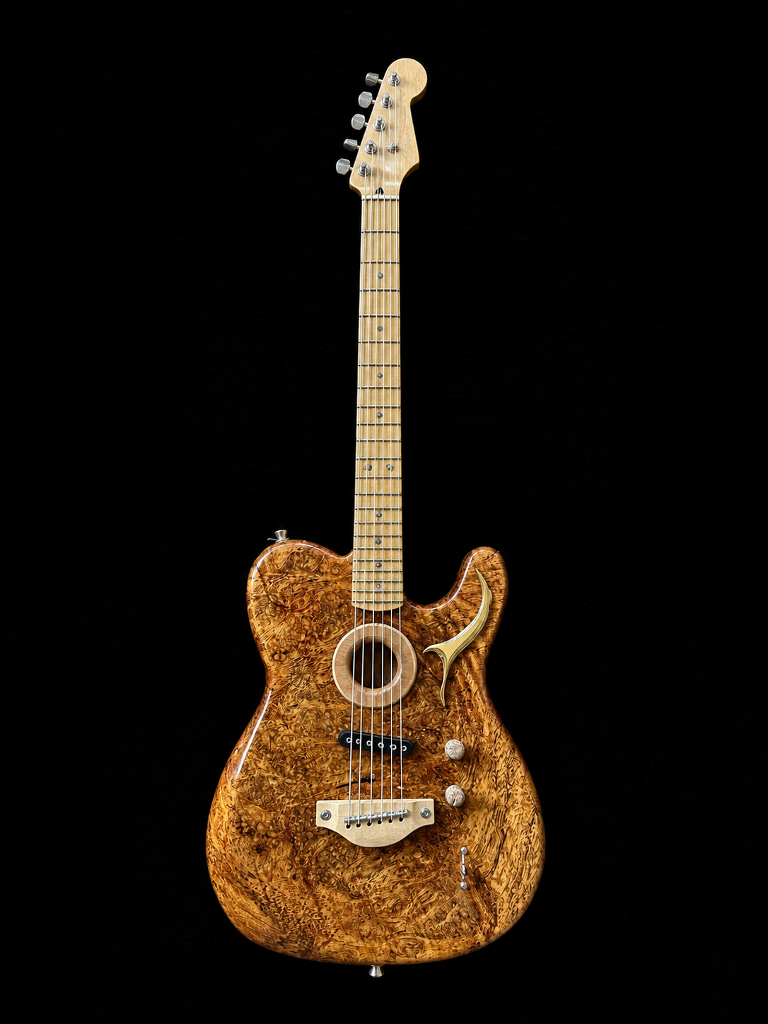 Handcrafted miniature Fender Acoustasonic in Texas mesquite with maple neck and brass accent piece by Rob Gwynne