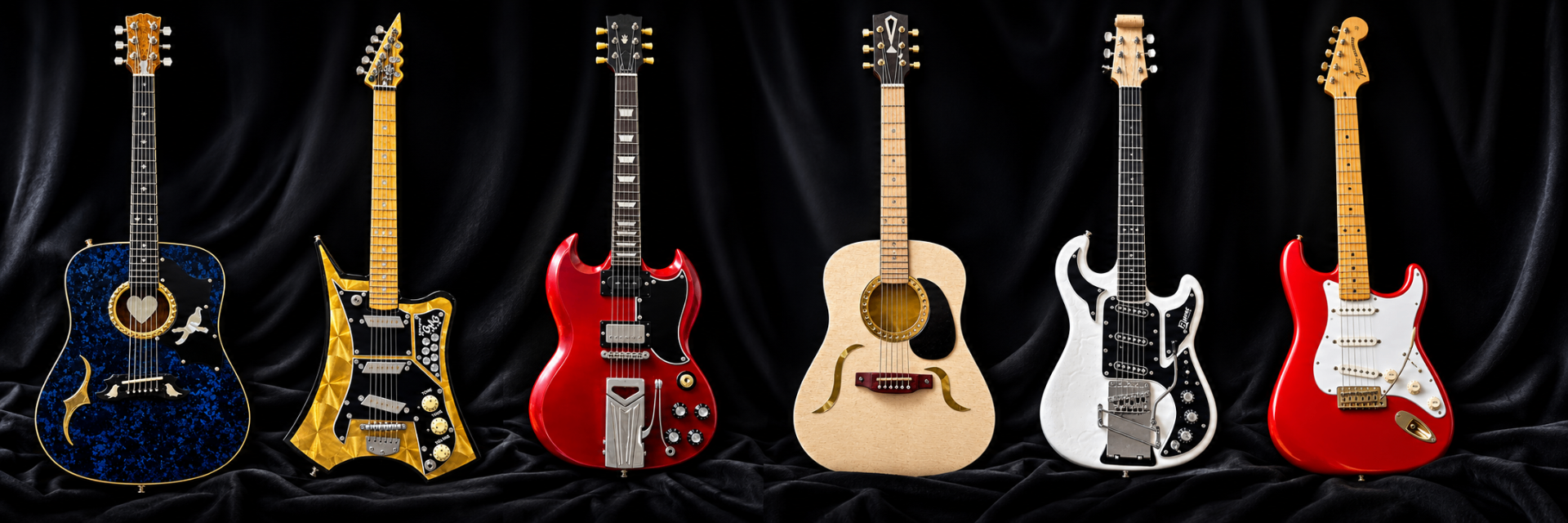 Lineup of handcrafted miniature guitars, acoustic, electric, Fender and Gibson replicas, on black velvet