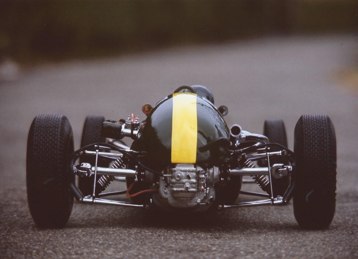 Rear view of the hand-built Lotus 32 model showing the suspension and engine detail