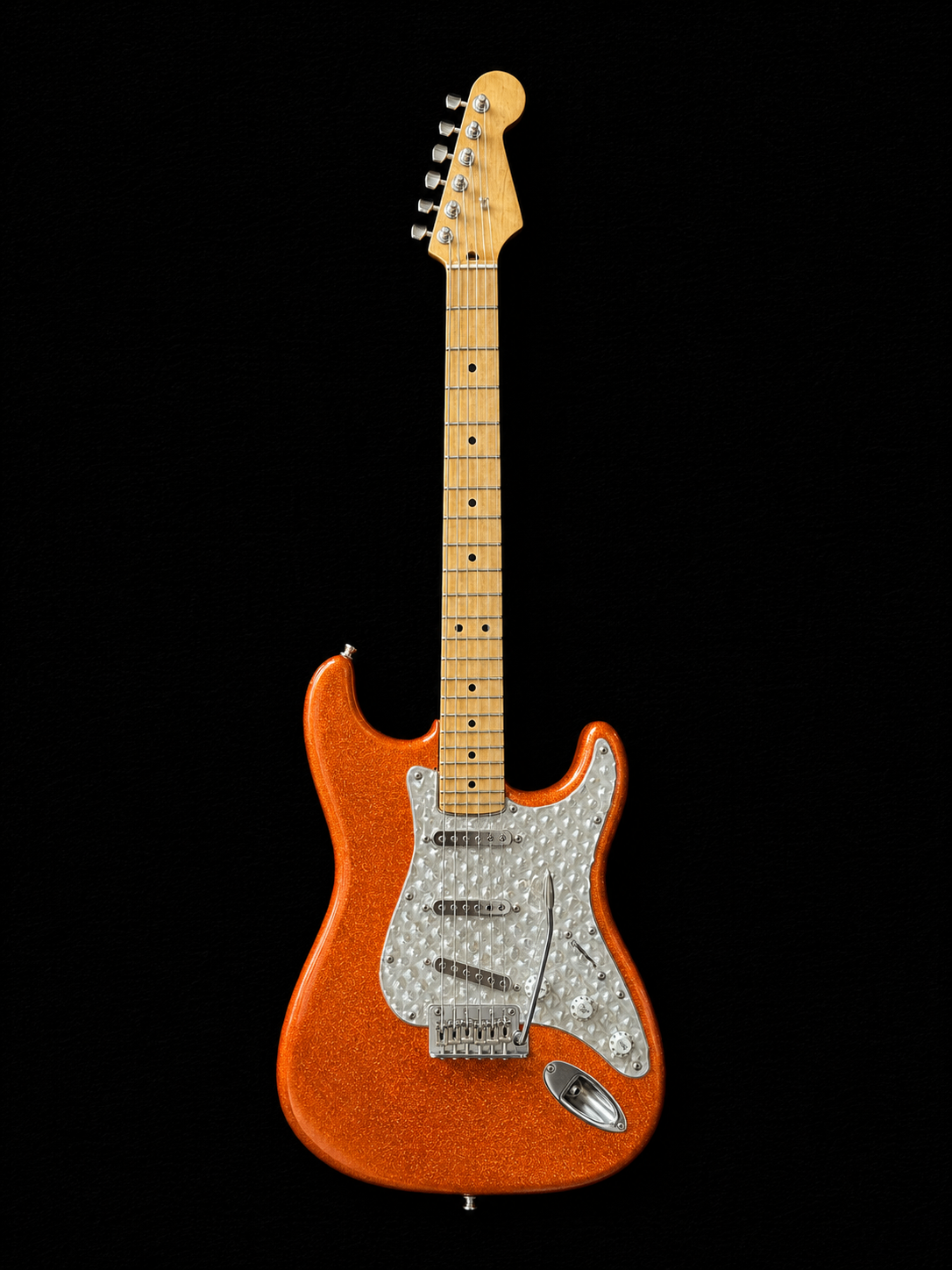 Handcrafted miniature Fender Hybrid '60s Stratocaster MIJ 2019 in candy tangerine with dimpled metal foil pickguard and sterling hardware by Rob Gwynne