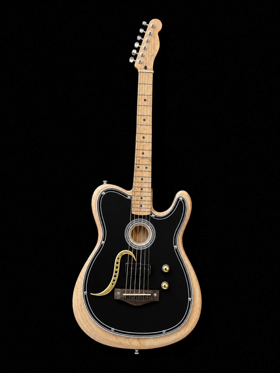 Handcrafted miniature Fender Acoustasonic Player Telecaster Acoustic-electric Guitar with maple body, black top veneer overlay, sterling hardware, and brass accent piece by Rob Gwynne