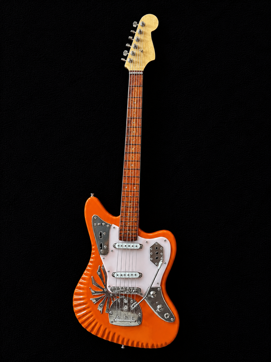 Handcrafted miniature Fender Player II Jazzmaster Electric Guitar Custom in tangerine enamel finish with hand-fluted body style and sterling hardware by Rob Gwynne