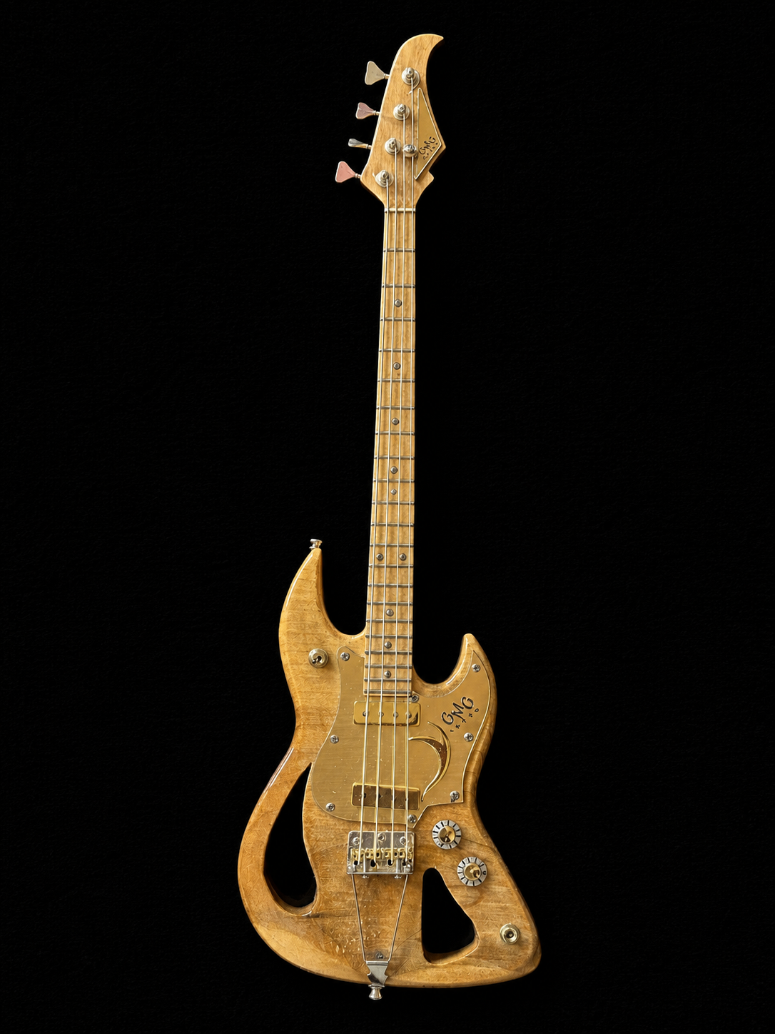 Handcrafted GMG original sculpted bass with carved Maple body, gold plastic pickguard and sterling hardware by Rob Gwynne