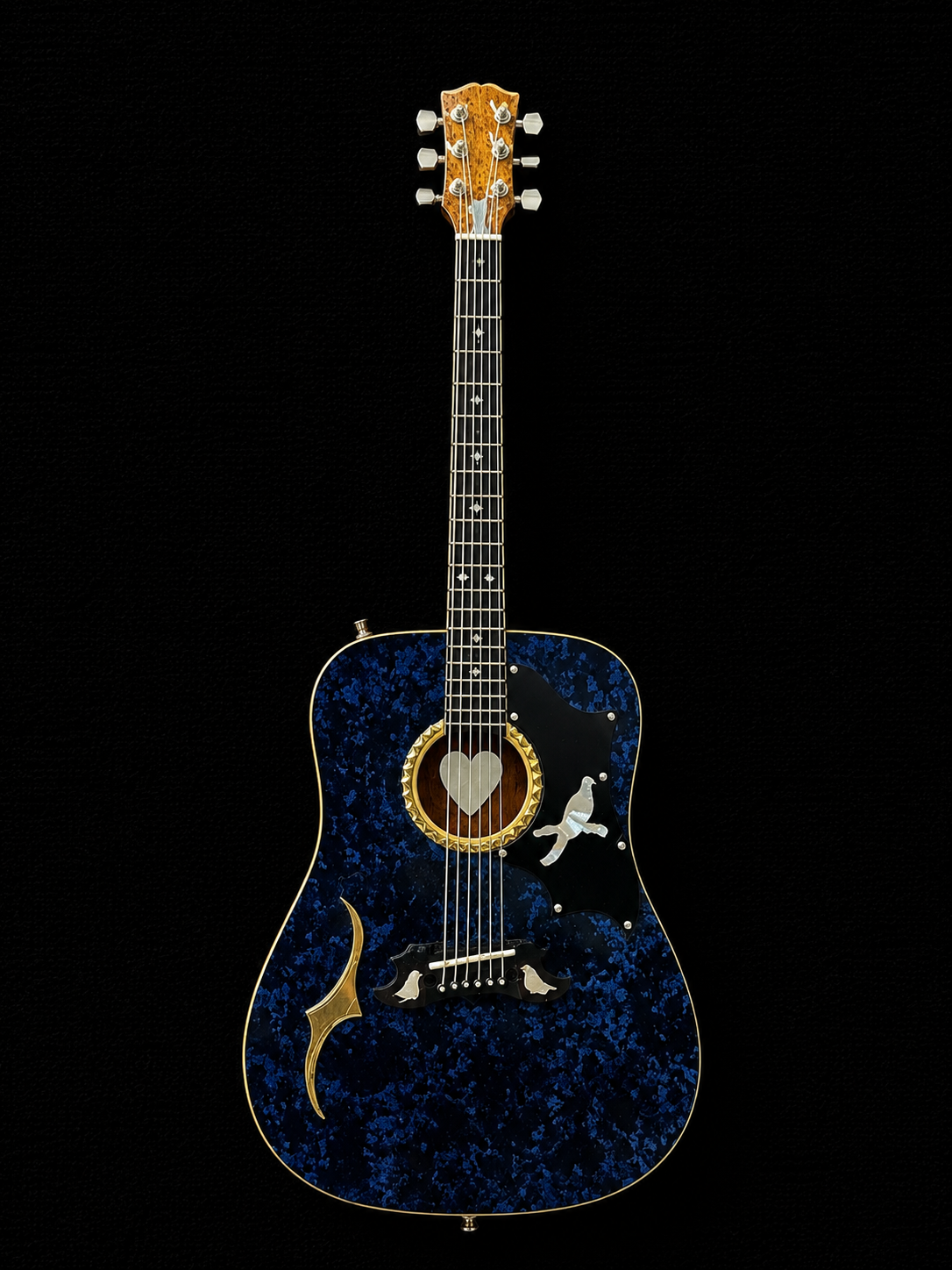Handcrafted miniature Gibson Epiphone Dove Custom in sapphire pearloid with replicated dove inlays underlayed in silver foil by Rob Gwynne