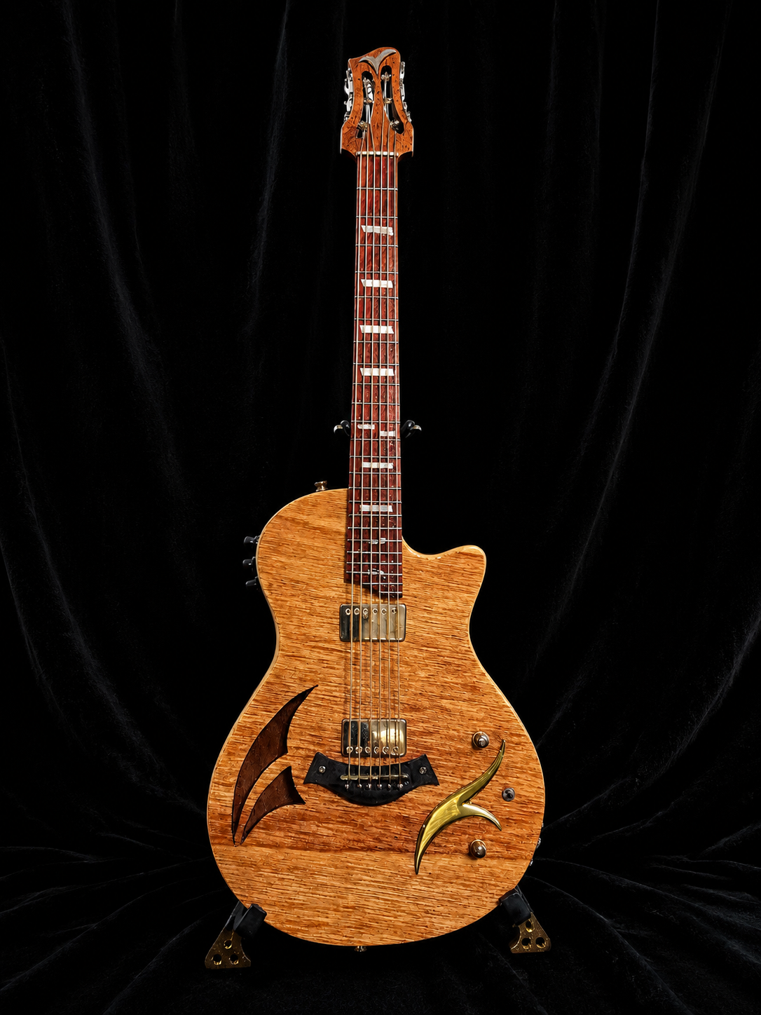 Handcrafted miniature Taylor electric acoustic guitar in figured mahogany with brass and rosewood swept inlays by Rob Gwynne