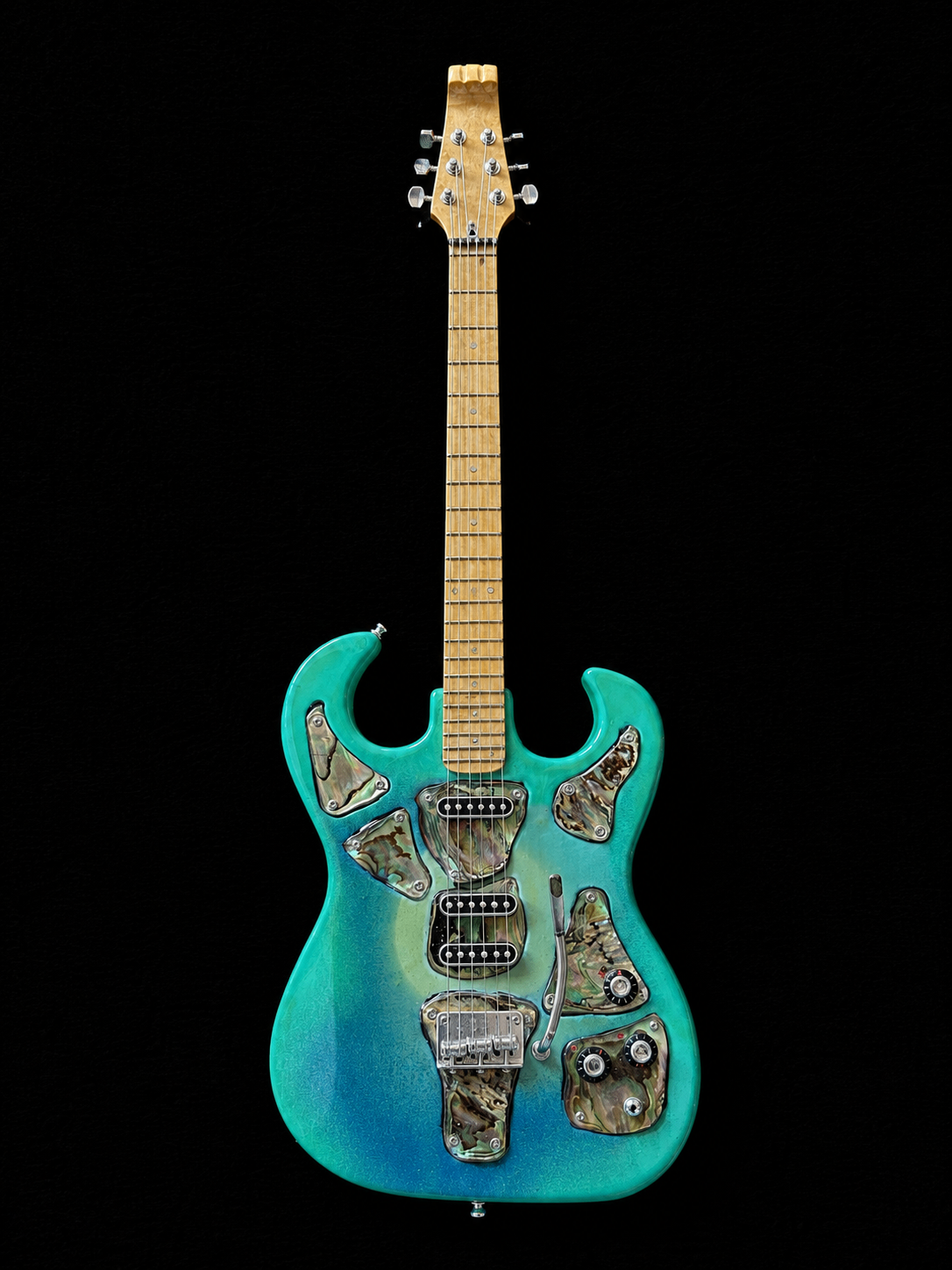 Handcrafted miniature Burns of London Bison style guitar inlaid with New Zealand Paua shell and sterling hardware by Rob Gwynne