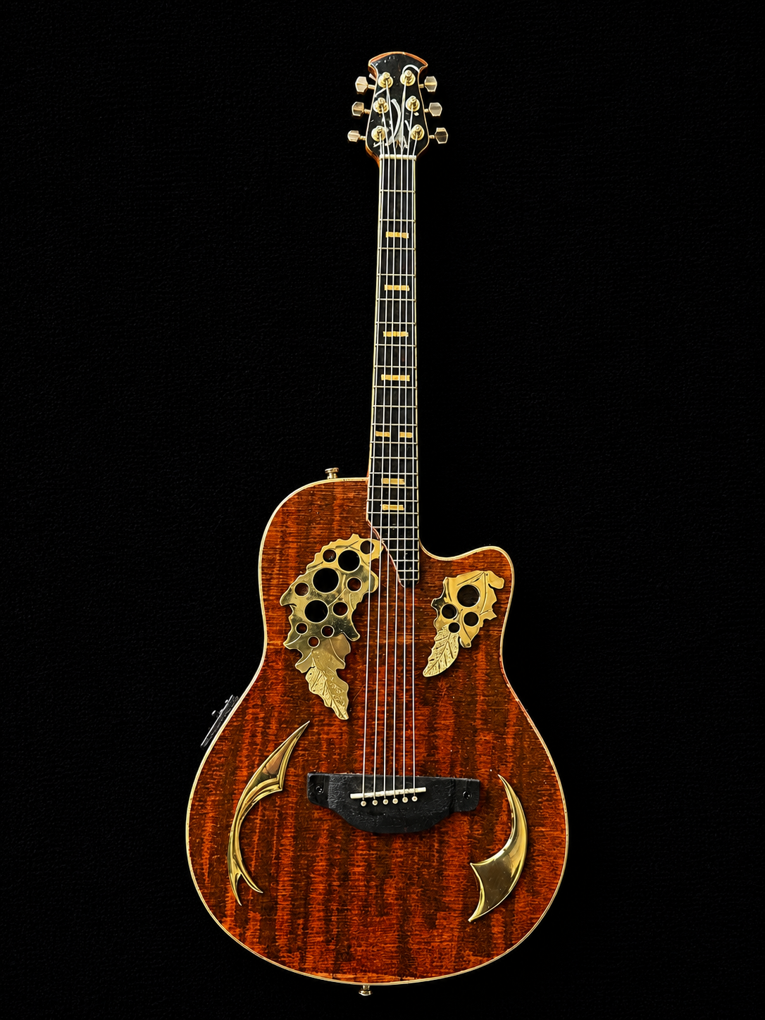 Handcrafted miniature Ovation Grapevine replica in mahogany with hand-pierced brass grapevine images and brass accent pieces by Rob Gwynne