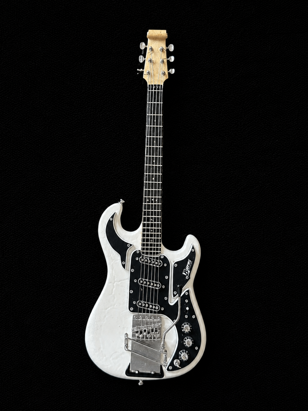 Handcrafted miniature Burns of London 1964 Bass 'The Legend' in cream pearl white with black pickguard and sterling Rezo-matic pickups by Rob Gwynne