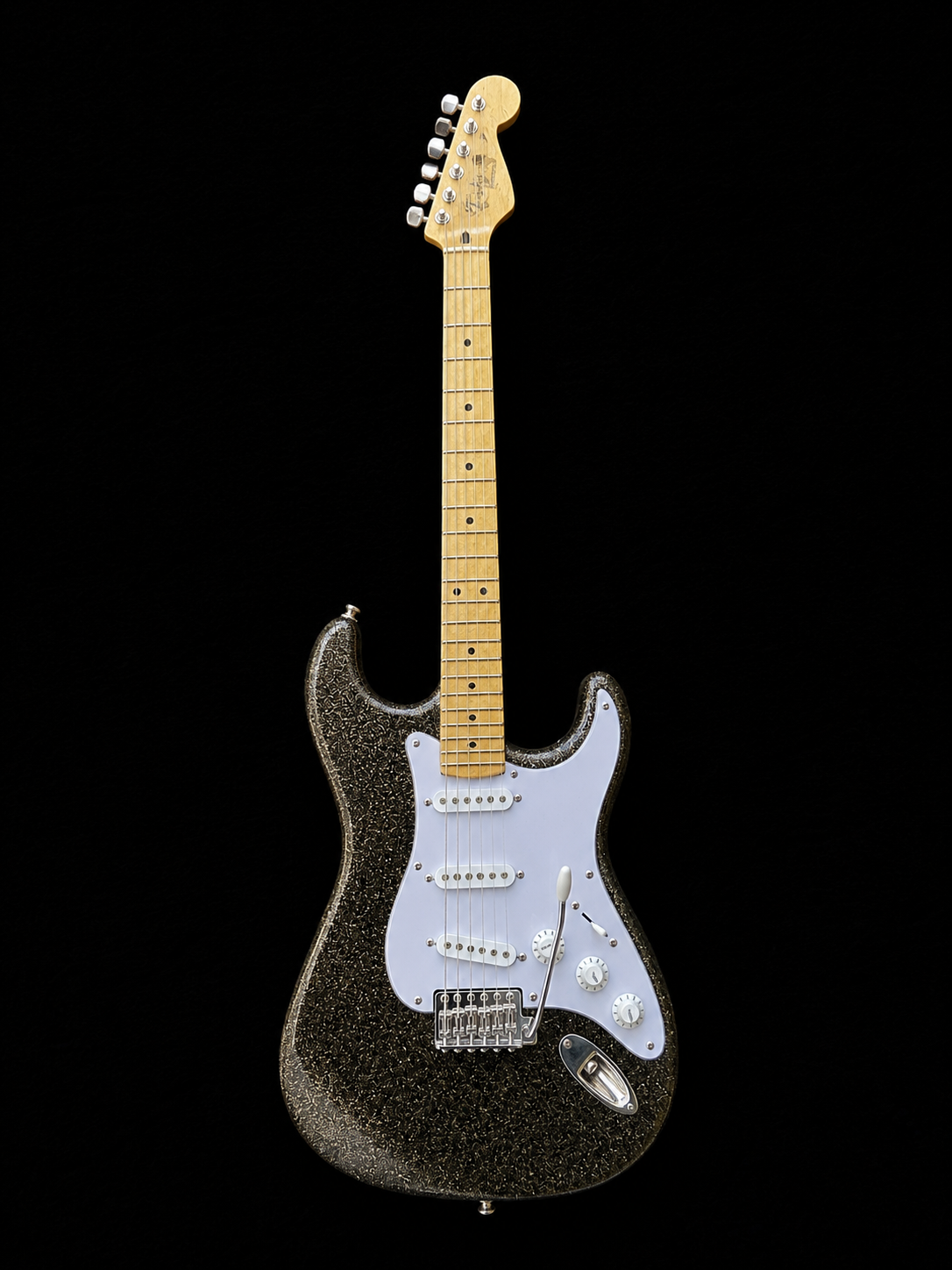 Handcrafted miniature Fender Stratocaster in Whisper sprayed gold speckle over black enamel with white plastic pickguard, maple neck and sterling hardware by Rob Gwynne