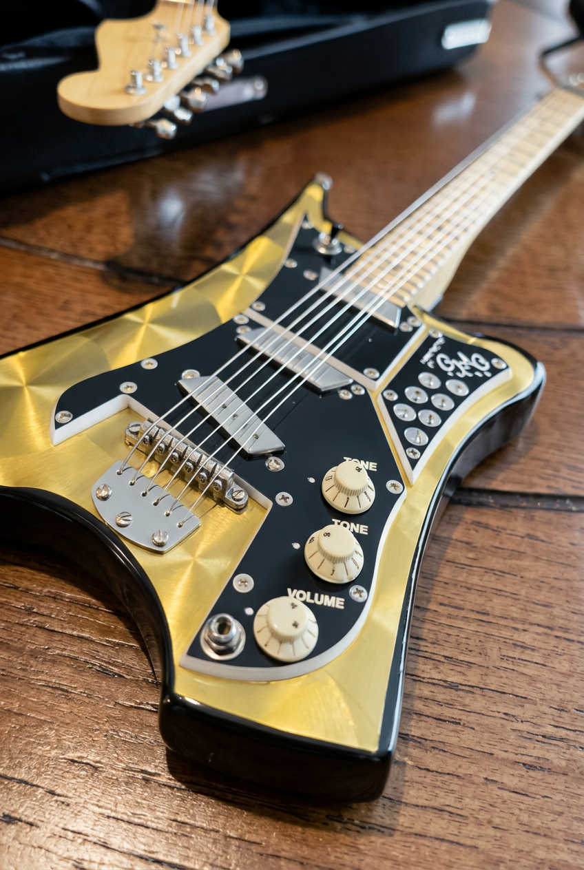 Close-up of a finished gold-toned miniature guitar showing its bridge, strings, controls, and detailed headstock