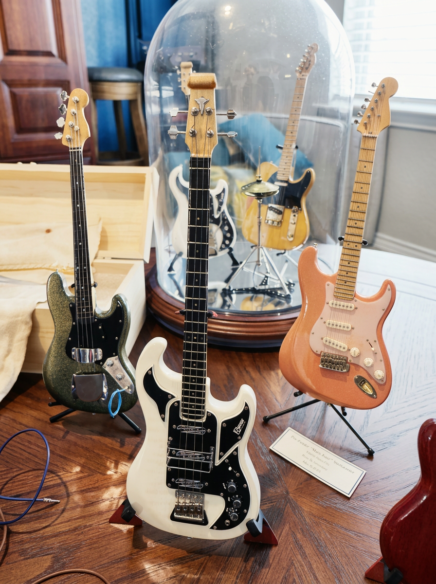Rob Gwynn miniature guitars displayed together on stands in a collector-style arrangement