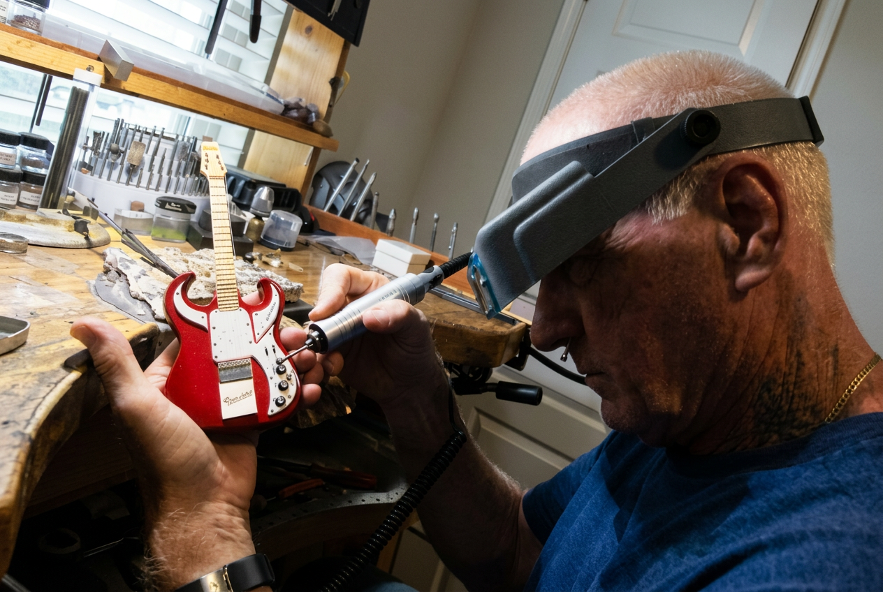 Rob Gwynn working under magnification while shaping a red miniature guitar at his bench
