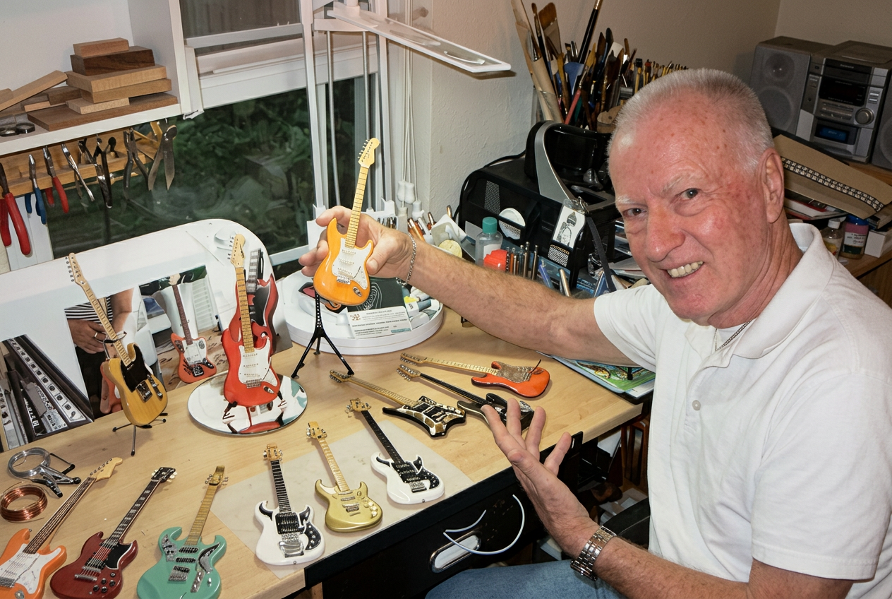 Rob Gwynn smiling at his workbench while holding a finished miniature guitar, with other miniature guitars on the table