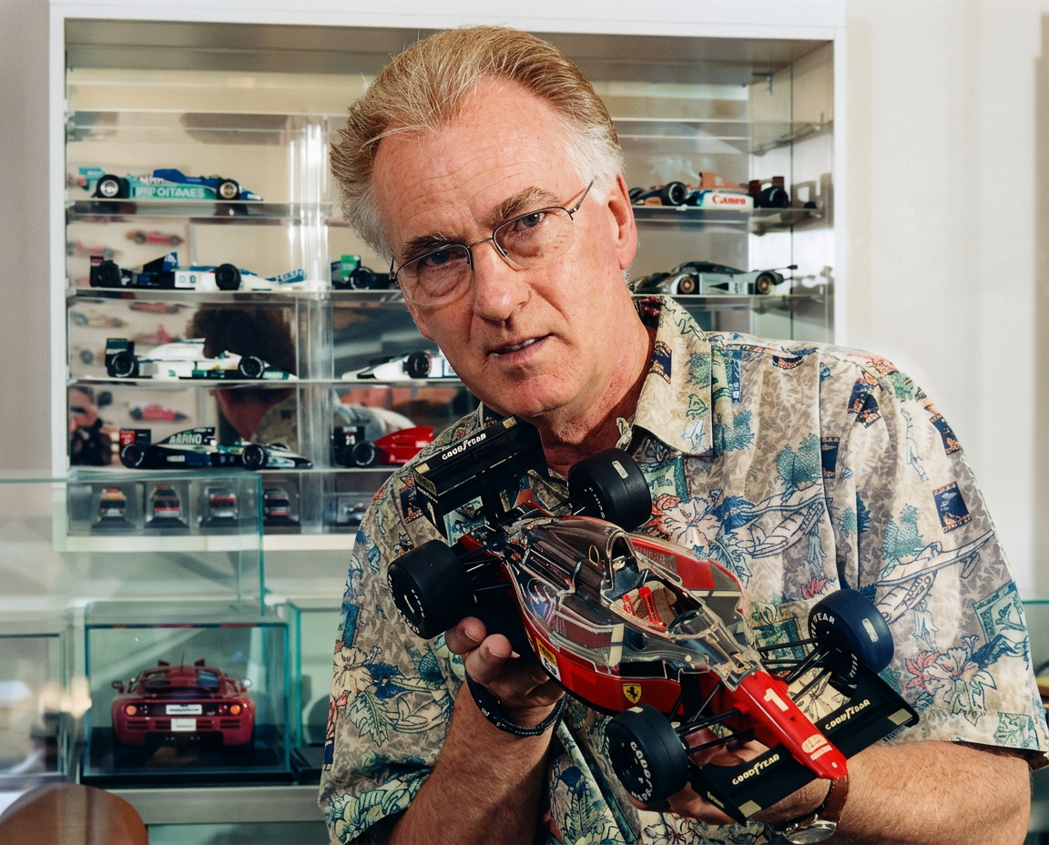 Rob Gwynne holding a model race car in front of his display cases