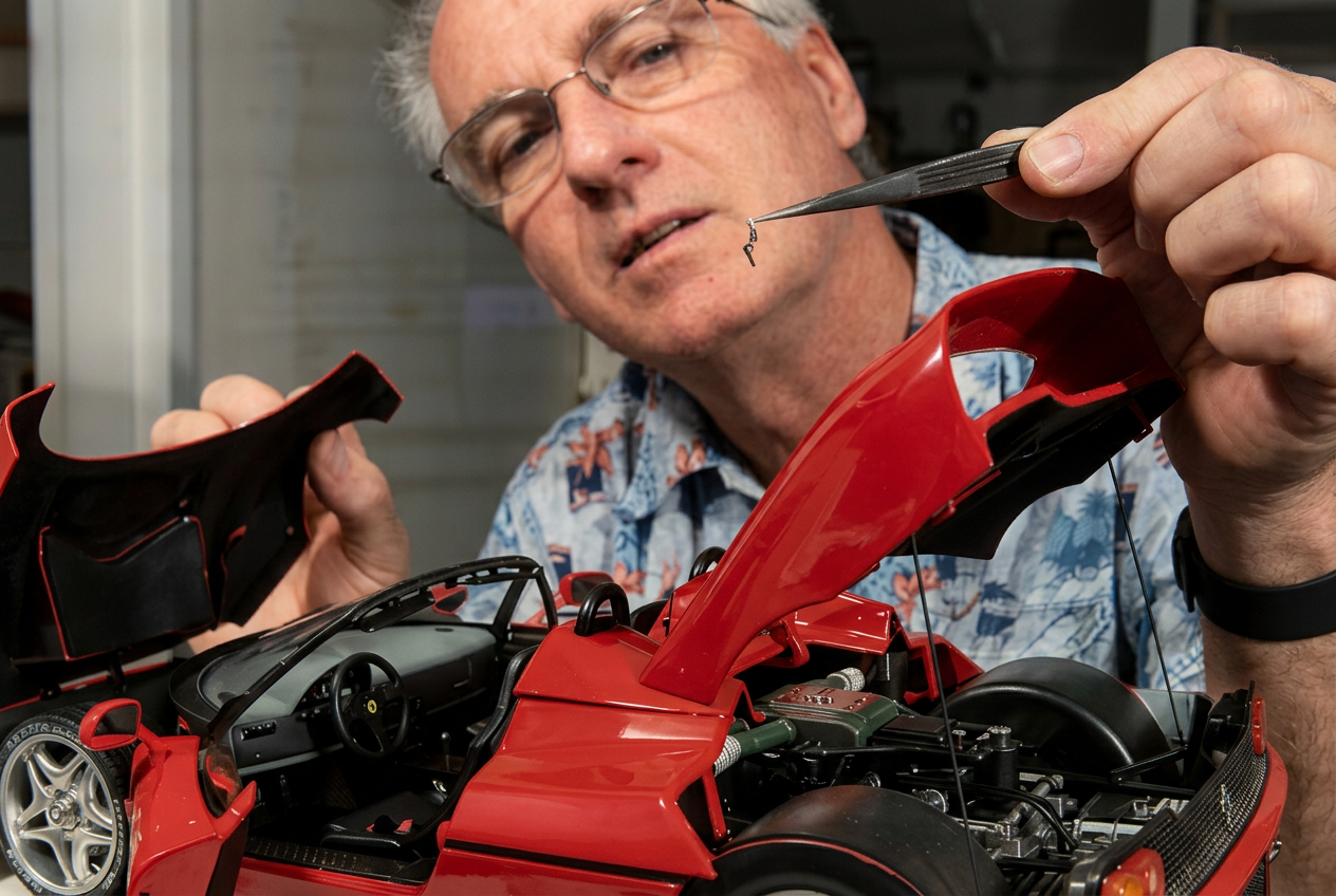 Rob Gwynne working on a detailed red model race car